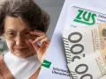 Starsza kobieta w okularach i polskie banknoty z logo ZUS.