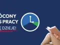 Kobieta czyta książkę obok grafiki zegara i napisu "Skrócony czas pracy".