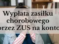 Kobieta z chusteczką w ręku, na kanapie, z tekstem o wypłacie zasiłku chorobowego przez ZUS.