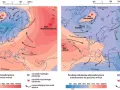 Dwie mapy Europy i Arktyki pokazujące rozkład ciśnienia atmosferycznego. Po lewej wyż wschodni azjatycki, po prawej wyż azorski, oba wskazują na wysokie ciśnienie atmosferyczne.