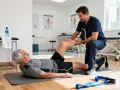 Fizjoterapeuta pomaga starszemu mężczyźnie w ćwiczeniach na macie rehabilitacyjnej.