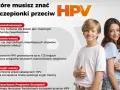 Uśmiechnięci nastolatkowie, chłopiec i dziewczynka, na tle informacji o szczepionce HPV.