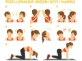 Ilustracja przedstawia ćwiczenia rozluźniające mięśnie szyi i karku.