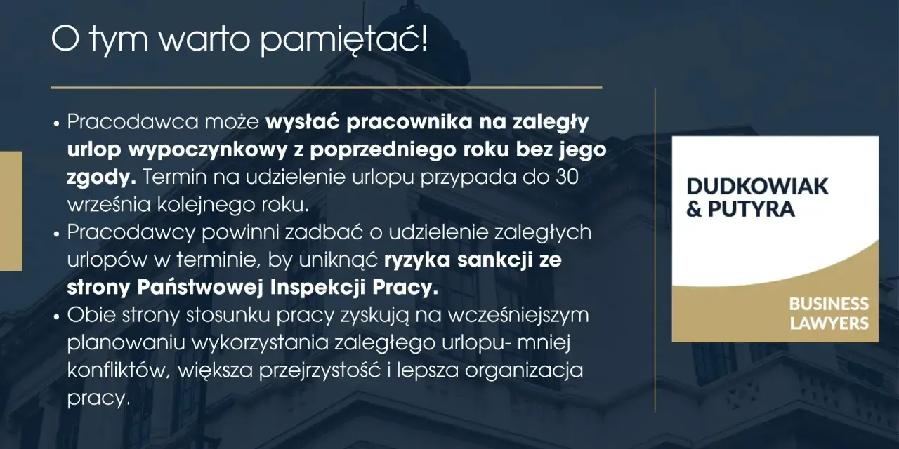 Fragment budynku z tekstem o urlopach zaległych i logo kancelarii prawniczej.