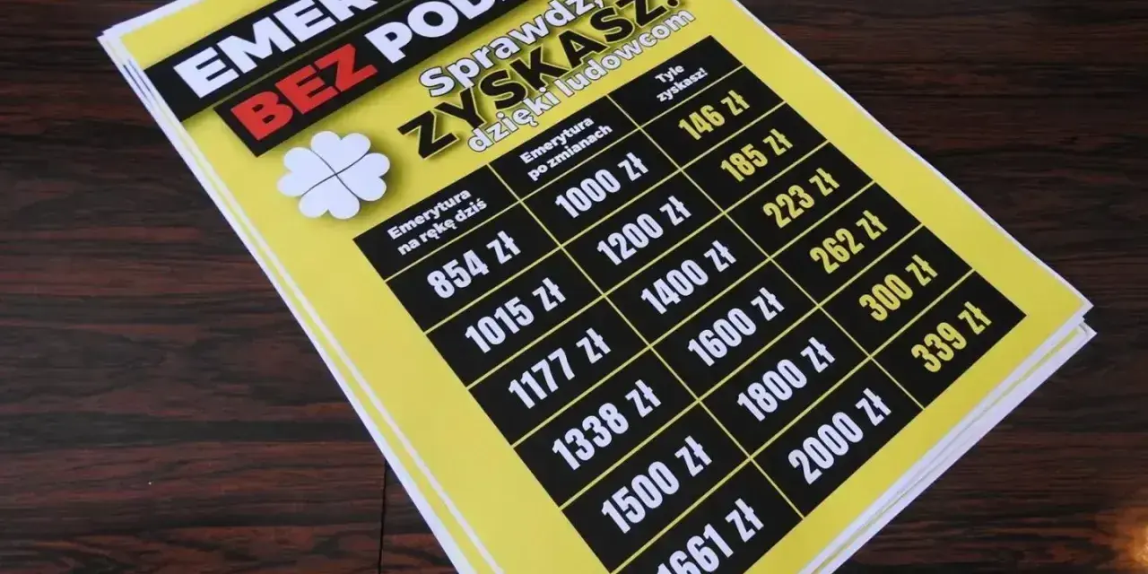 Żółta plansza z tabelą pokazującą zyski z emerytury bez podatku.