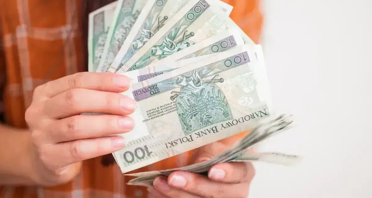 Dłonie trzymające stos banknotów 100 zł. Może to być symbol wsparcia, np. zasilek dla bezrobotnych.