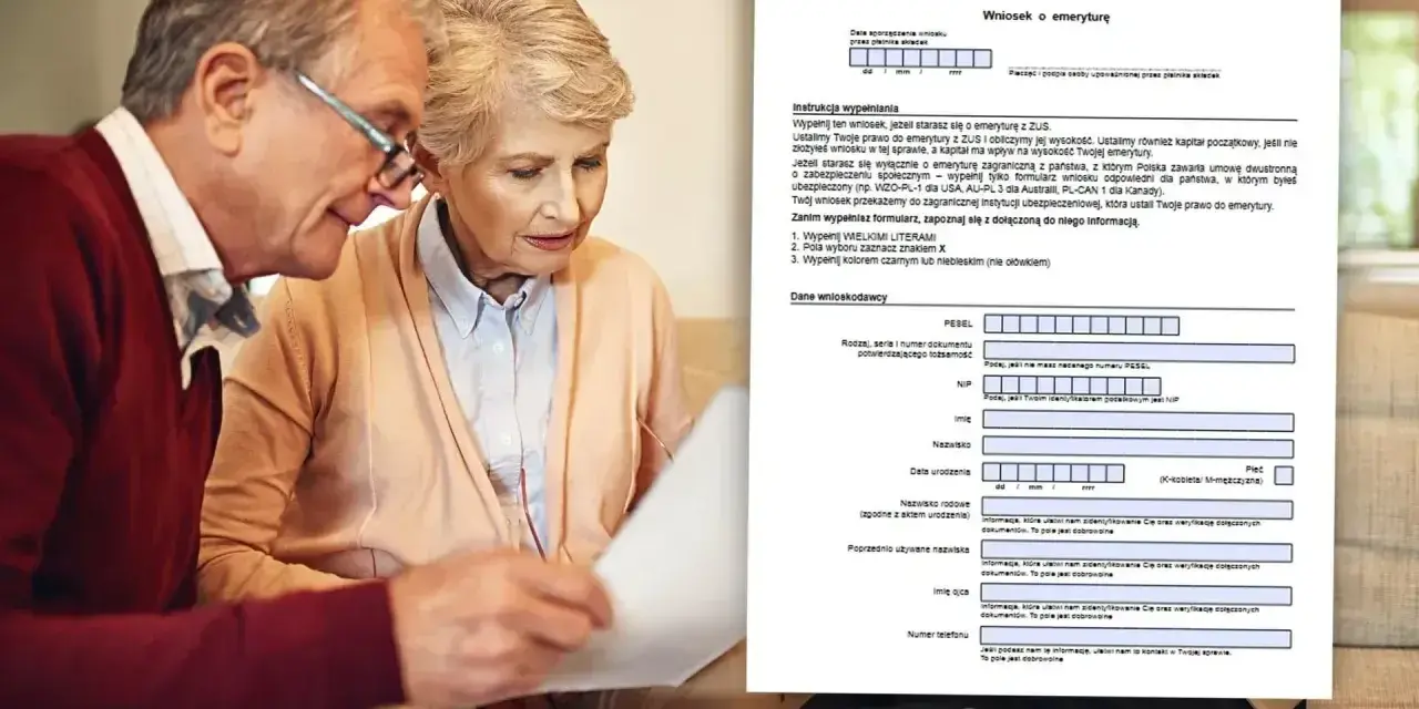 Starsze małżeństwo przegląda dokument ZUS "Wniosek o emeryturę".