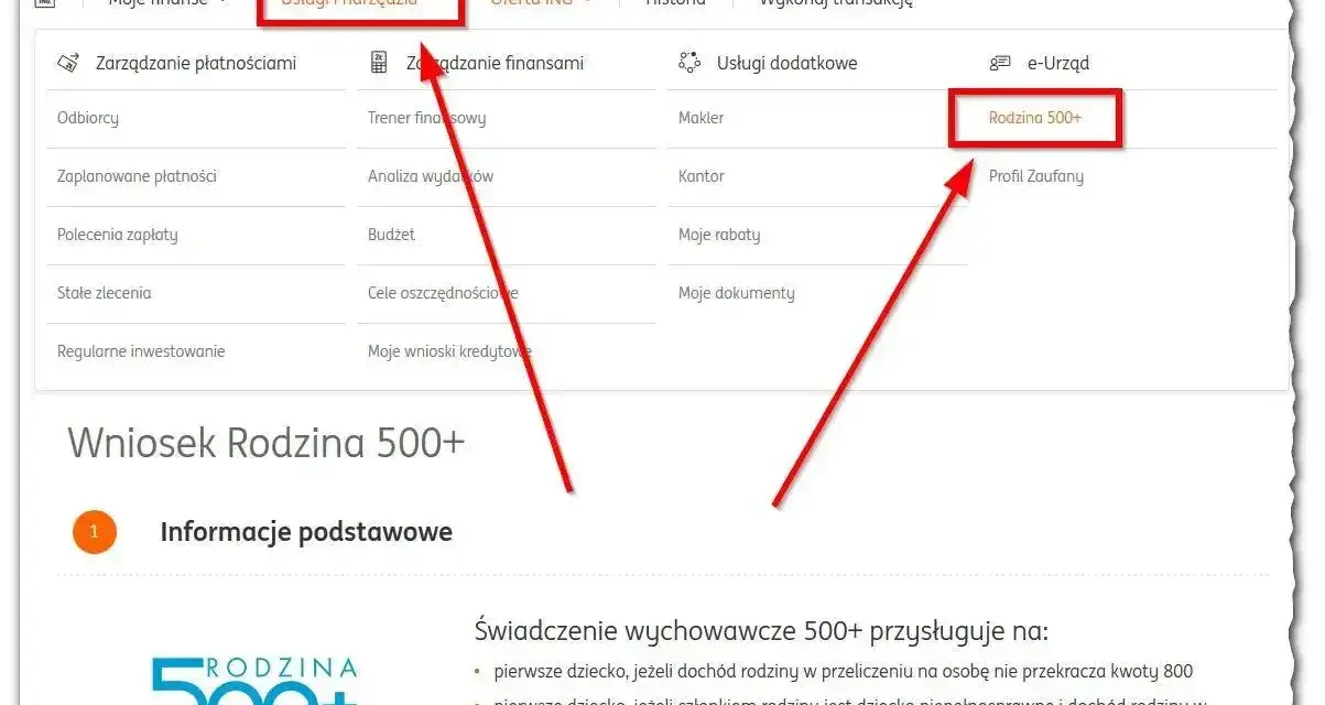 Wniosek Rodzina 500+ w ING. Kliknij "Usługi i narzędzia", a następnie "Rodzina 500+" by złożyć wniosek.