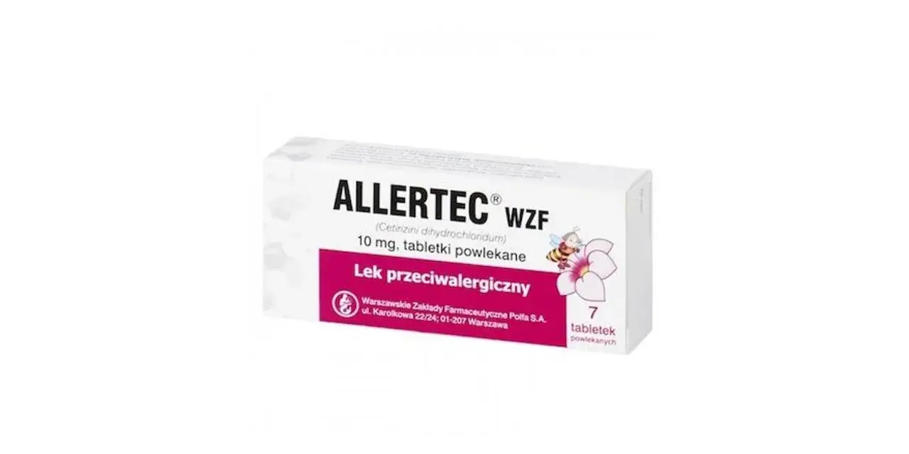 Opakowanie leku Allertec WZF 10 mg, tabletki powlekane, z motywem pszczoły i kwiatu.