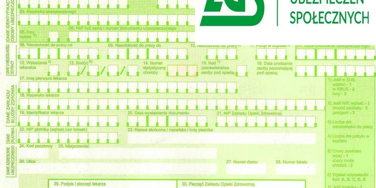Formularz ZUS ZLA z zielonym logo ZUS i polami do wypełnienia.