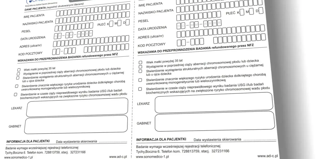 Dwa formularze skierowania na badanie prenatalne, z polami do wypełnienia danych pacjenta i wskazaniami do badań.