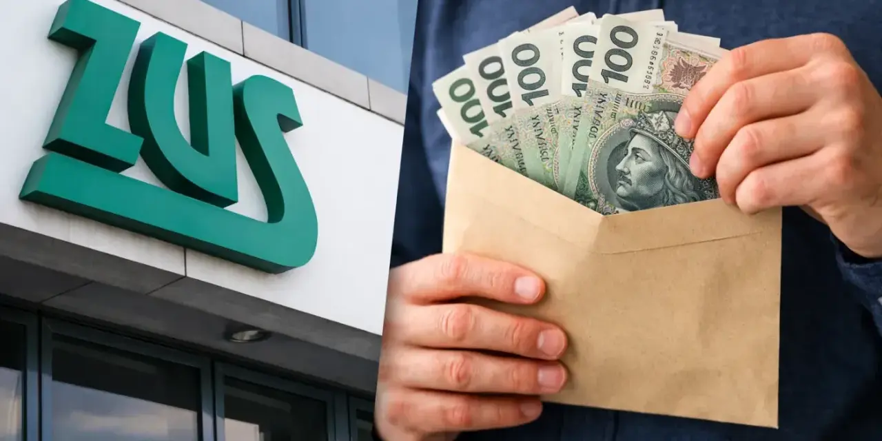Logo ZUS i ręce trzymające kopertę z polskimi banknotami 100 zł.