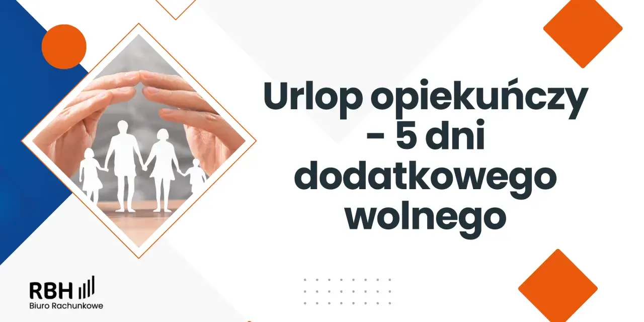 Dłonie obejmujące sylwetki rodziny, tekst "Urlop opiekuńczy - 5 dni dodatkowego wolnego".