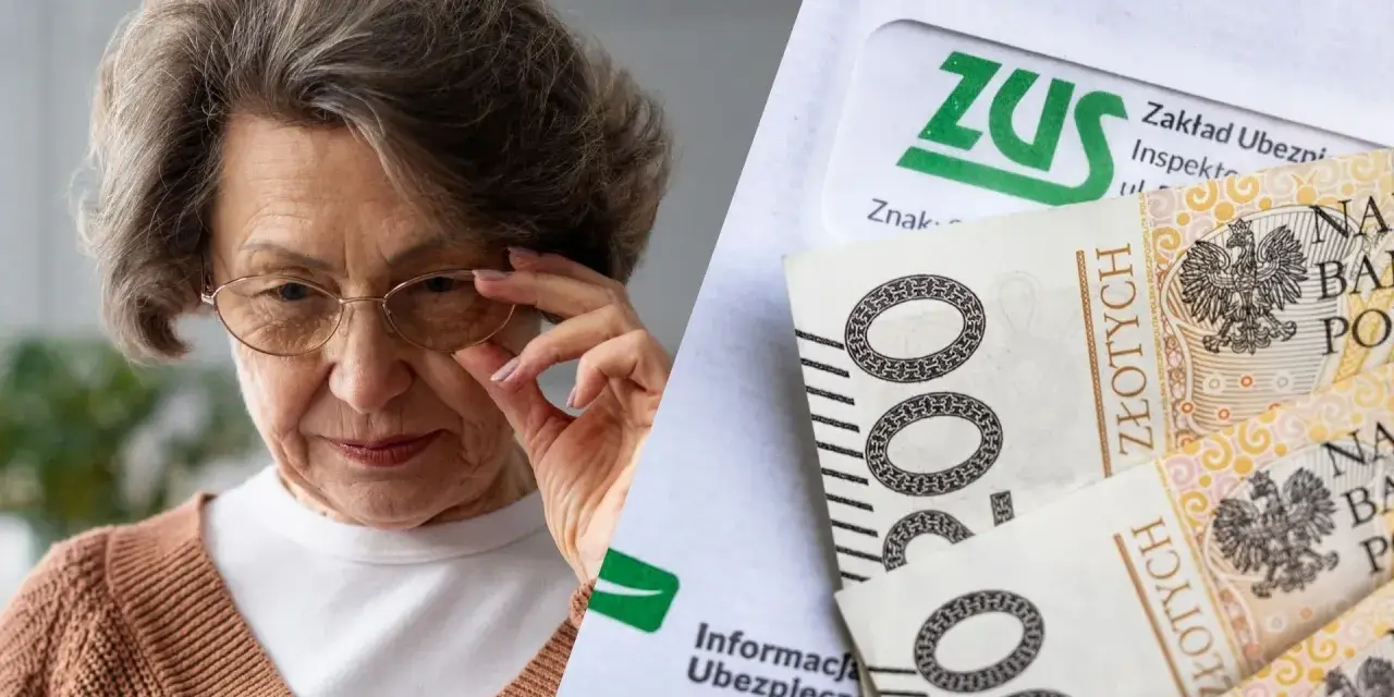 Starsza kobieta w okularach i polskie banknoty z logo ZUS.