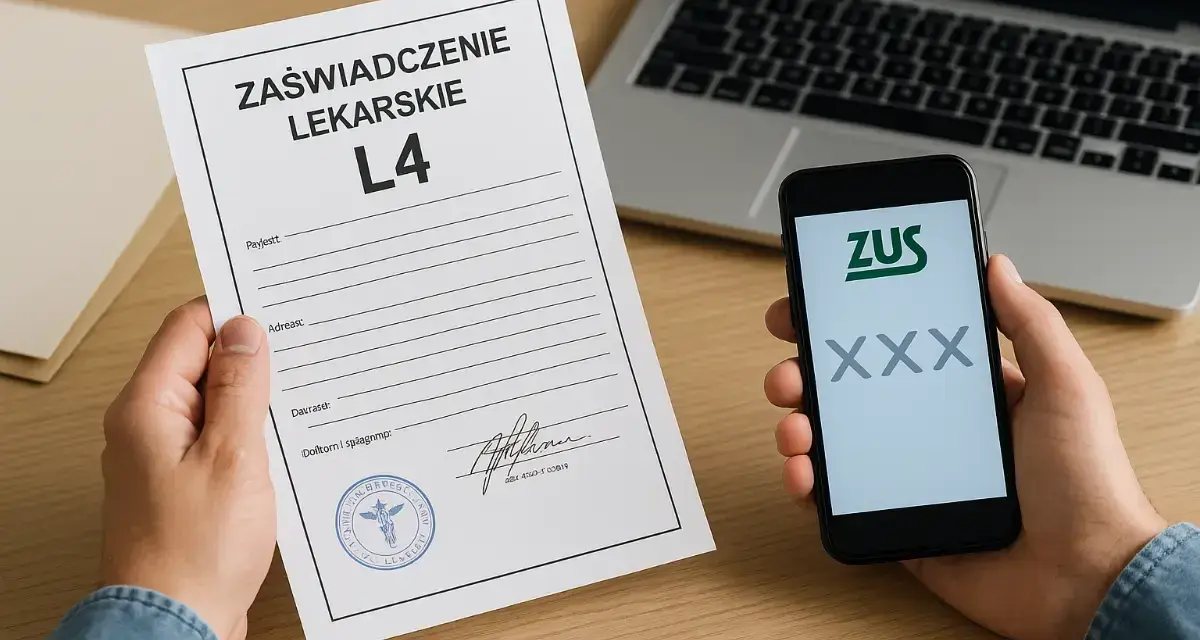 Ręka trzyma L4 i telefon z aplikacją ZUS. Sprawdź, jak sprawdzić, czy ZUS wysłał pieniądze za zwolnienie.