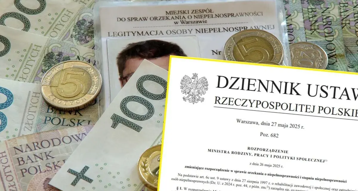 Legitymacja osoby niepełnosprawnej, monety i banknoty polskie.