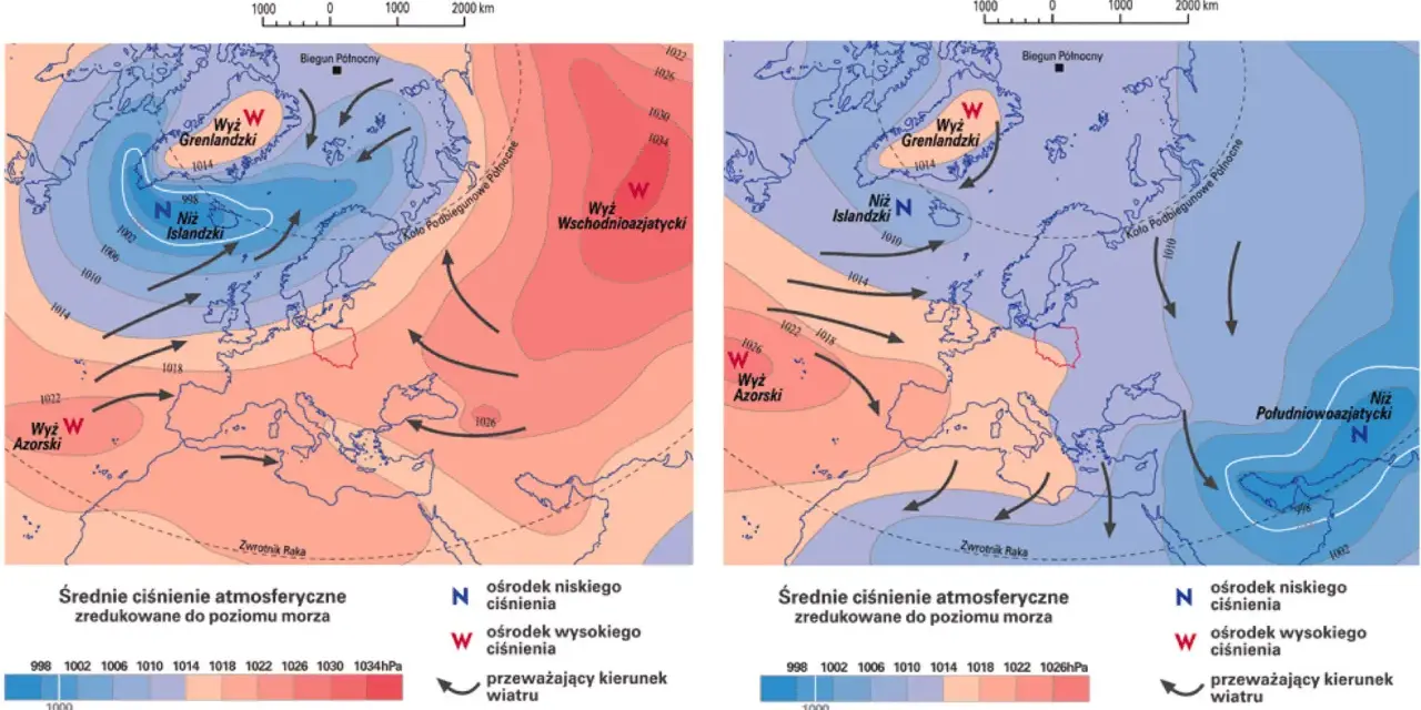 Dwie mapy Europy i Arktyki pokazujące rozkład ciśnienia atmosferycznego. Po lewej wyż wschodni azjatycki, po prawej wyż azorski, oba wskazują na wysokie ciśnienie atmosferyczne.