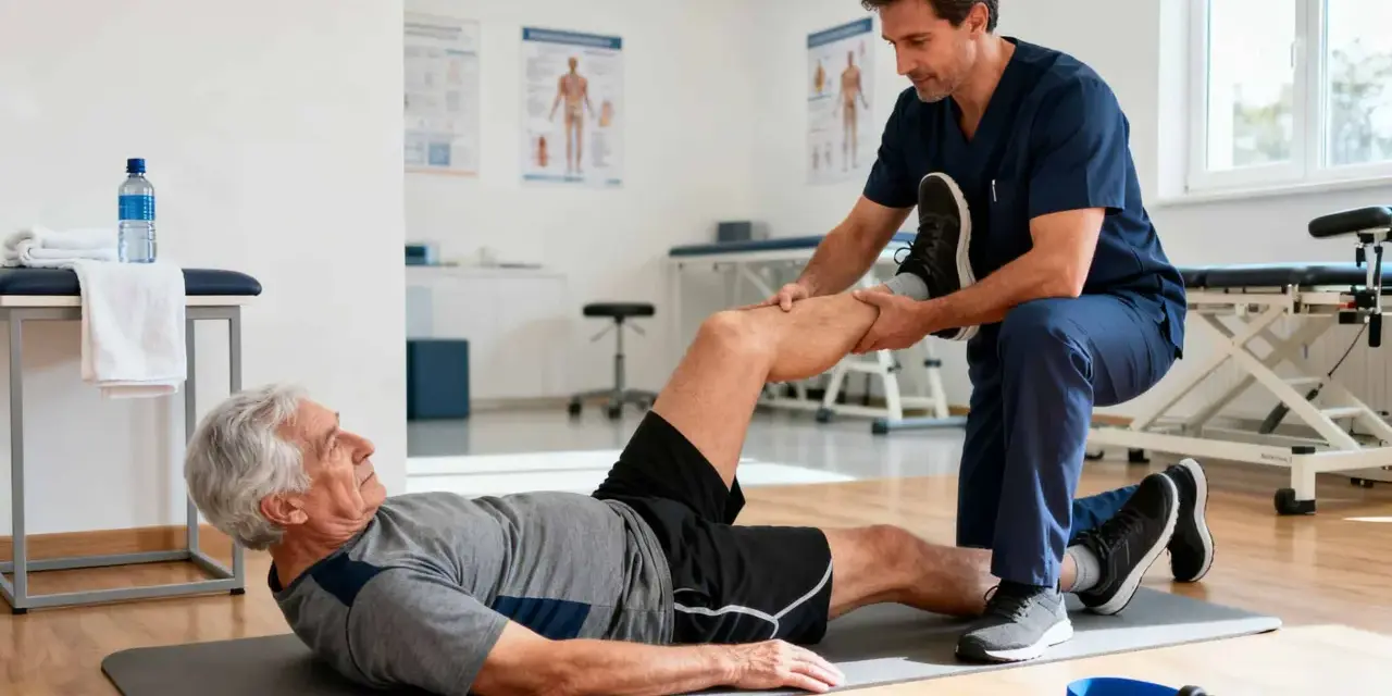 Fizjoterapeuta pomaga starszemu mężczyźnie w ćwiczeniach na macie rehabilitacyjnej.