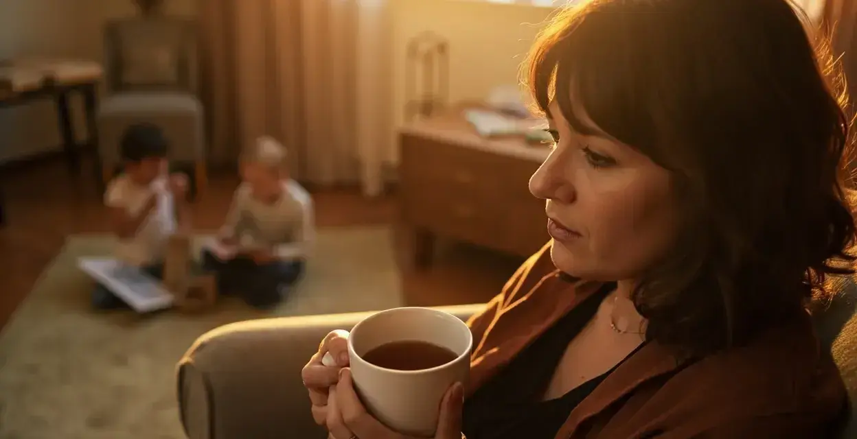 Kobieta z kubkiem herbaty w salonie, dzieci bawią się na dywanie w tle.