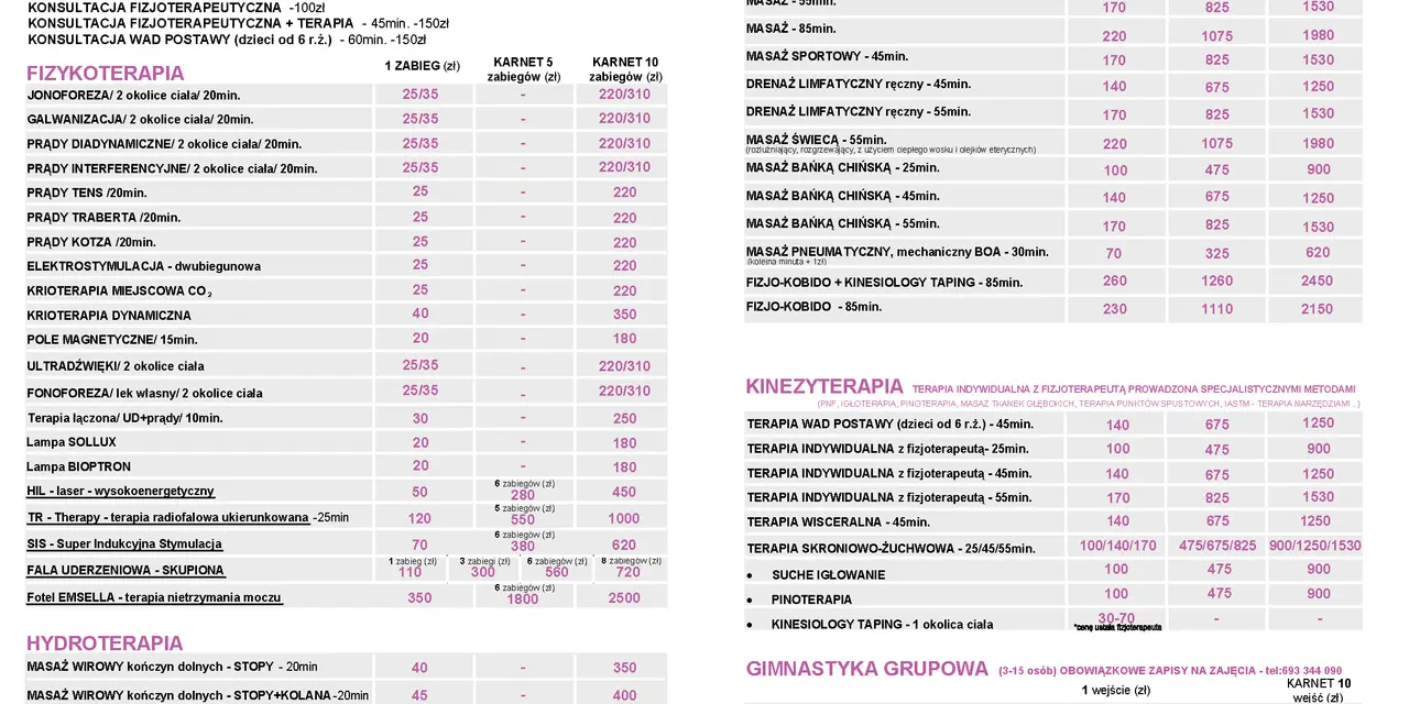 Cennik usług rehabilitacyjnych: fizjoterapia, masaże, kinezyterapia, hydroterapia, gimnastyka grupowa.