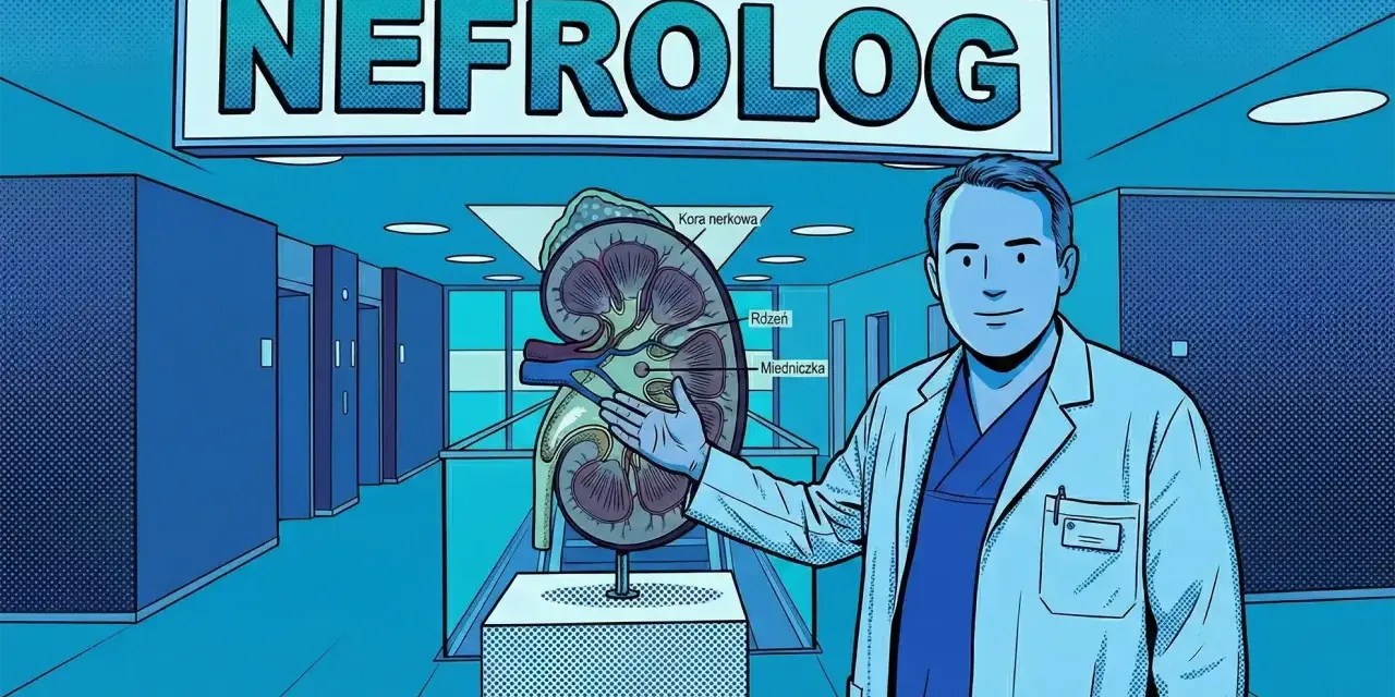 Lekarz w białym kitlu wskazuje na przekrój nerki pod szyldem "NEFROLOG".