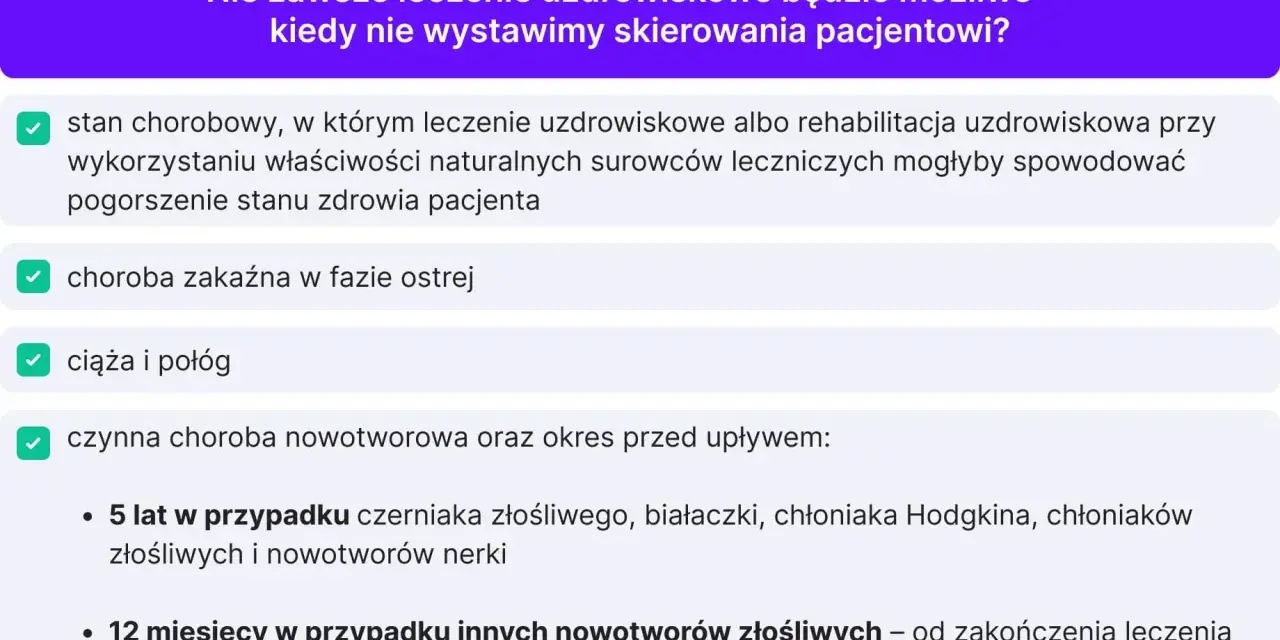 Lista przeciwwskazań do leczenia uzdrowiskowego: stan chorobowy, choroba zakaźna, ciąża, nowotwór.