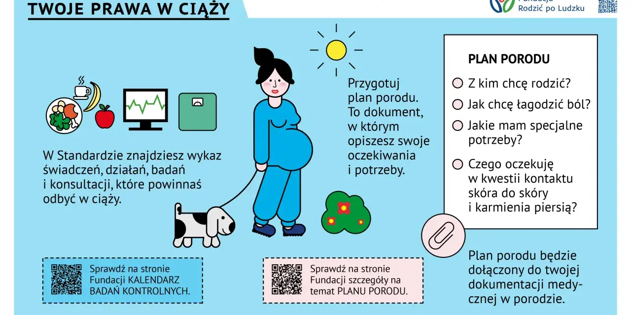 Ilustracja przedstawia ciężarną kobietę spacerującą z psem, obok niej ikony zdrowego odżywiania, monitora i wagi. Po prawej stronie znajduje się sekcja "PLAN PORODU".