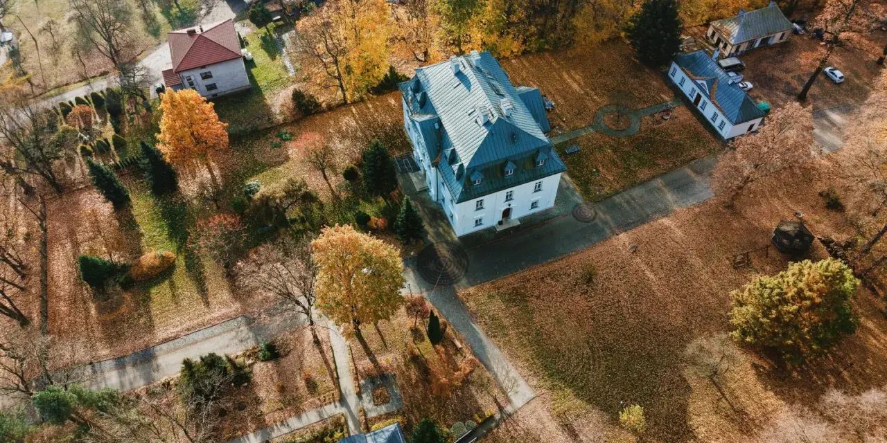 Widok z lotu ptaka na wieś z budynkami i jesiennymi drzewami pokrytymi liśćmi.