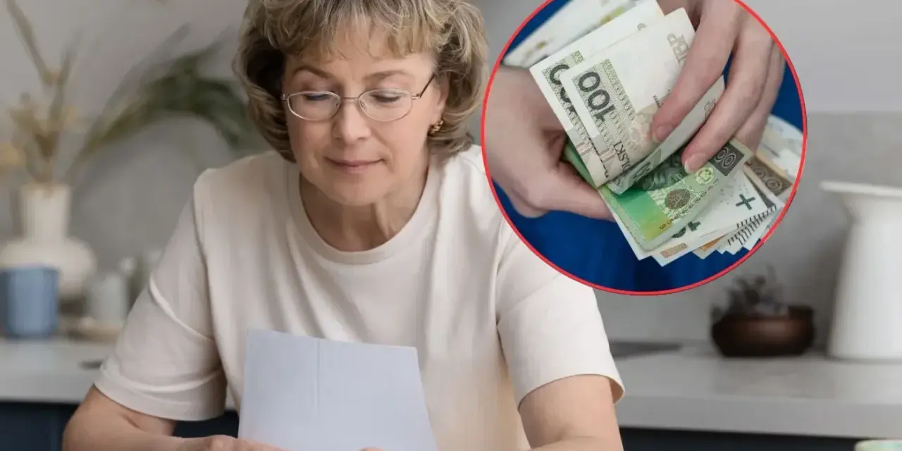 Kobieta z dokumentami i kalkulatorem, w tle dłonie liczące polskie banknoty.