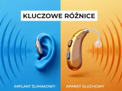 Grafika porównująca implant ślimakowy w uchu z aparatem słuchowym.