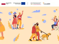 Ilustracja pokazuje różnorodne osoby, w tym kobietę w ciąży, parę z protezą nogi, niewidomego z psem przewodnikiem i rodzinę z osobą na wózku. To wizualizacja idei zawartych w ustawie o dostępności.
