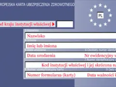 Europejska Karta Ubezpieczenia Zdrowotnego, potwierdzająca przynależność do NFZ. Zawiera dane osobowe i numer identyfikacyjny.