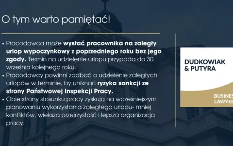 Fragment budynku z tekstem o urlopach zaległych i logo kancelarii prawniczej.
