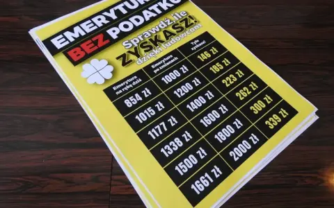 Żółta plansza z tabelą pokazującą zyski z emerytury bez podatku.