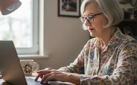 Starsza kobieta w okularach pracuje na laptopie przy biurku.