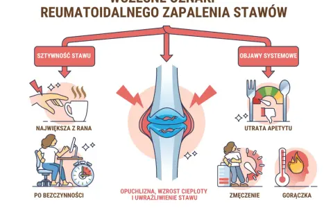 Ilustracja przedstawia objawy reumatoidalnego zapalenia stawów: sztywność, opuchliznę, zmęczenie, utratę apetytu i gorączkę.