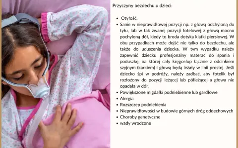 Dziecko z maską CPAP, które może mieć bezdech. Na ekranie lista przyczyn bezdechu u dziecka.