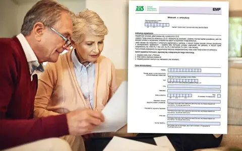 Starsze małżeństwo przegląda dokument ZUS "Wniosek o emeryturę".
