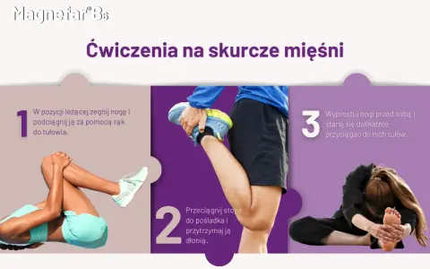 Ćwiczenia na skurcze mięśni: leżąc, podciągnij nogę do tułowia, przyciągnij stopę do pośladka, a potem wyprostuj nogi i pochyl się do przodu.