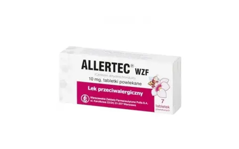 Opakowanie leku Allertec WZF 10 mg, tabletki powlekane, z motywem pszczoły i kwiatu.