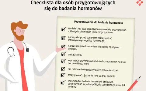 Lekarz z listą kontrolną przygotowania do badań hormonów. Unikaj stresu, alkoholu i tłustych potraw, by wyniki były wiarygodne.