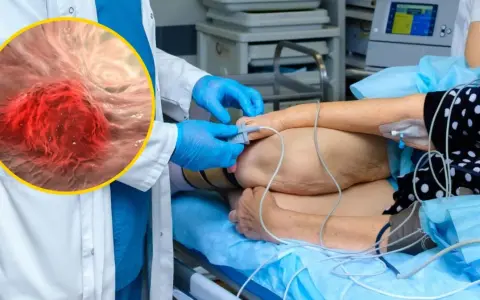 Lekarz w rękawiczkach przygotowuje pacjenta do zabiegu, ilustrując najnowsze metody leczenia raka jelita grubego. W powiększeniu widać komórki nowotworowe.