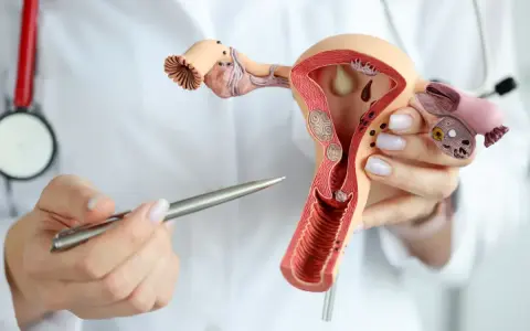 Model narządu rodnego kobiety z widocznymi zmianami, które mogą sugerować raka trzonu macicy. Lekarz wskazuje na nie długopisem.