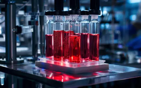 Szklane probówki z czerwonym płynem w laboratorium, podświetlone od spodu.