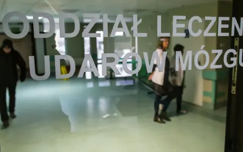 Drzwi do oddziału leczenia udarów mózgu. W środku widać personel medyczny i pacjentów, gotowych na zabiegi takie jak trombektomia.