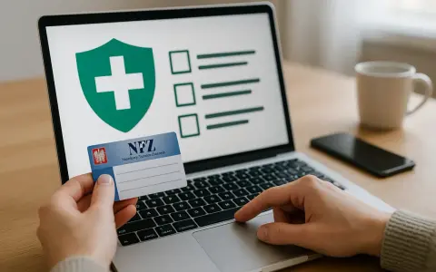 Dłoń trzyma kartę NFZ przed laptopem z ikoną tarczy i krzyża.
