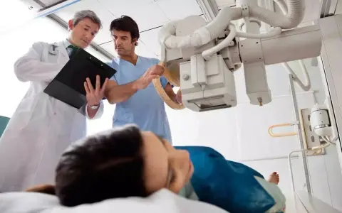 Lekarz i technik elektroradiolog omawiają badanie RTG pacjentki leżącej na stole.