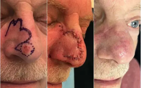 Trzy etapy rekonwalescencji po zabiegu: przed operacją z zaznaczeniem obszaru, zaraz po operacji z widocznym przeszczepem skóry i szwami, oraz po zagojeniu.