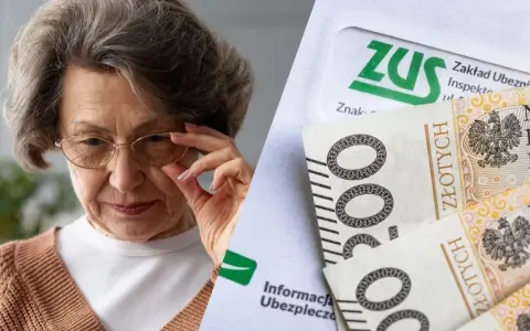 Starsza kobieta w okularach i polskie banknoty z logo ZUS.