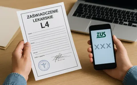 Ręka trzyma L4 i telefon z aplikacją ZUS. Sprawdź, jak sprawdzić, czy ZUS wysłał pieniądze za zwolnienie.